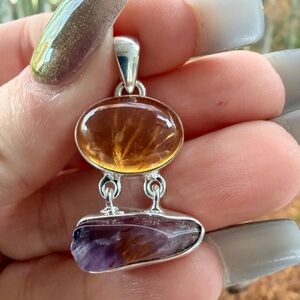 Citrine & Two Cacoxenite (Super Seven) 2 Stone Pendant | 925 Sterling Silver